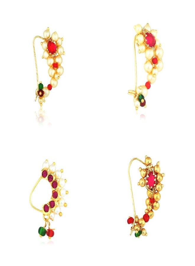 Meenaz Traditional Jewellery Gold Maharashtrian Wedding Combo Nose pin/Nath Nose Ring for Women Girls (4 pcs) -Nath COMBO-09