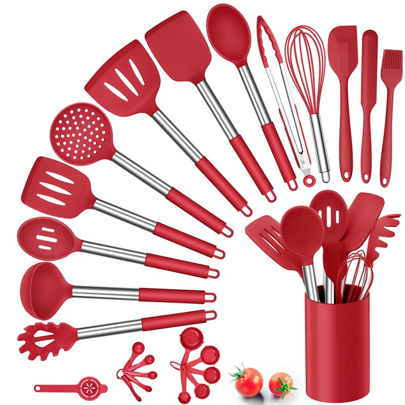 Silicone Kitchen Utensils Set Herogo 25 Pcs Cooking Utensil with Holder Heat Resistant Kitchen Tools with Stainless Steel Handle for NonStick Cookware Turner Spatula Spoon Tong Brush Whisk Red