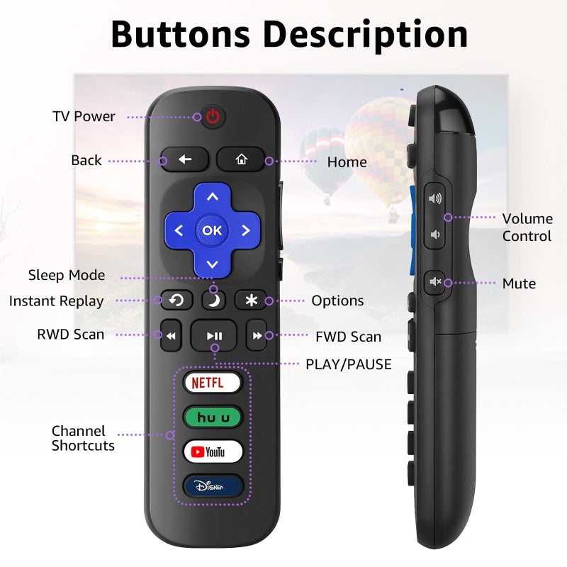 SOTATOO (Pack of 2) Replacement Remote Control for Roku TV with Soft Protective Silicone Cover(Glow in the Dark), Universal Remote for TCL/Hisense/Sharp/Philips/Onn/Element Roku Smart TV - Image 4