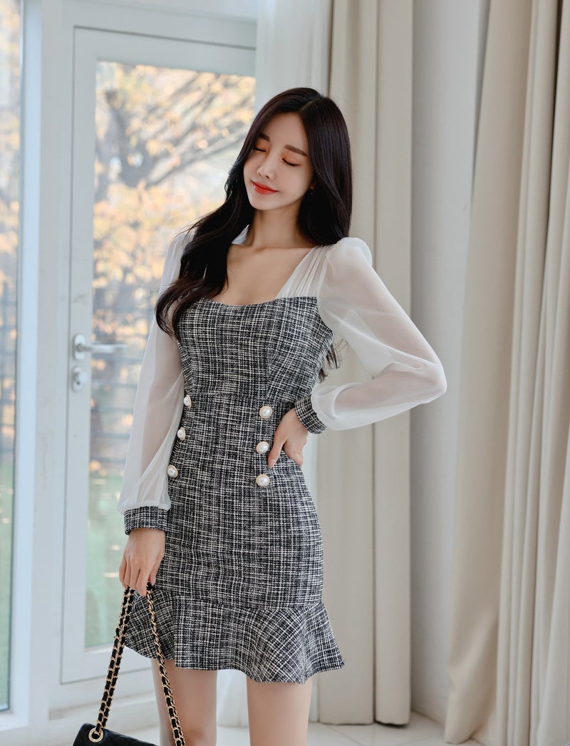 2024 Spring and Autumn New Korean Style Socialite Stitching Contrast Color Square Collar Long Sleeve Dress Bag Hip Fishtail Skirt Short Skirt 7543 Picture Color