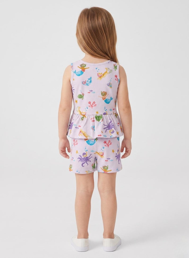 babyqlo Girls Lavender Mermaid Print Shorts Set - Image 2