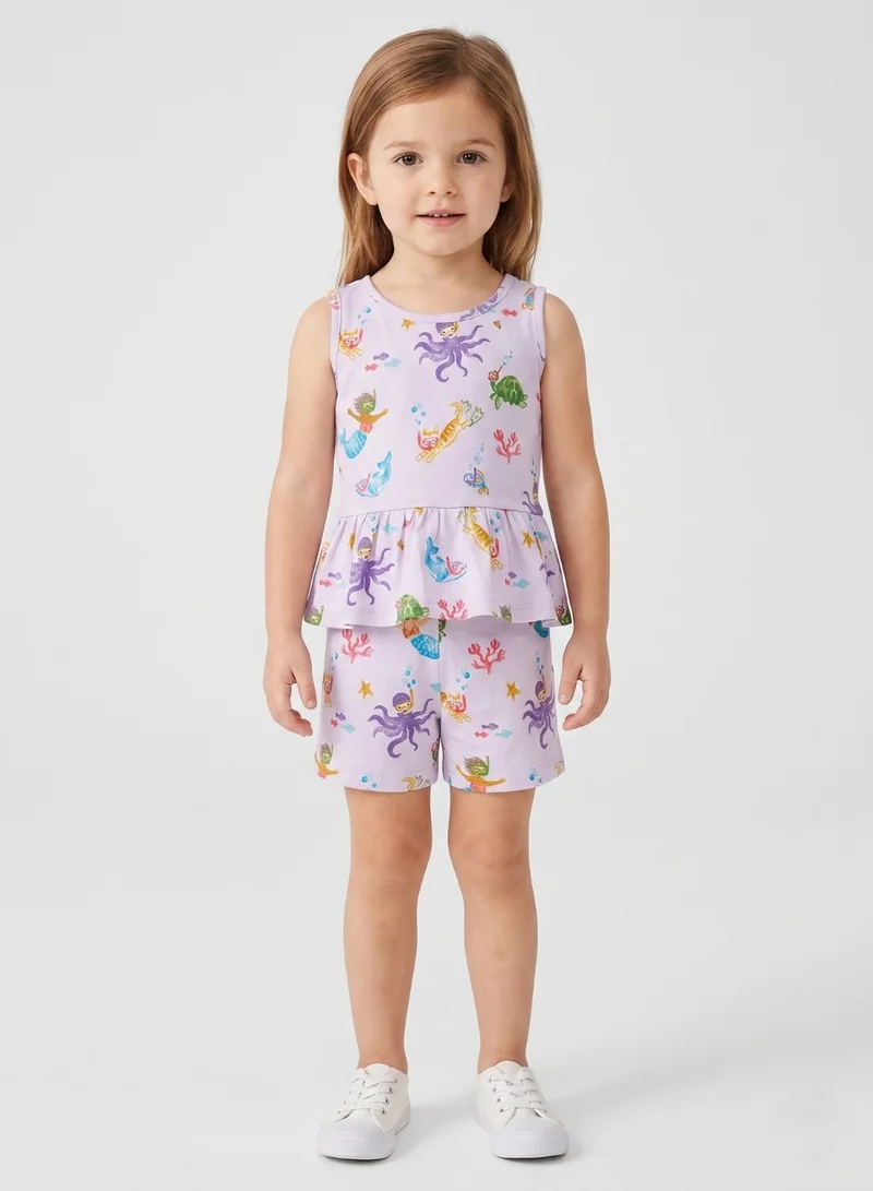 بيبي كلو Girls Lavender Mermaid Print Shorts Set