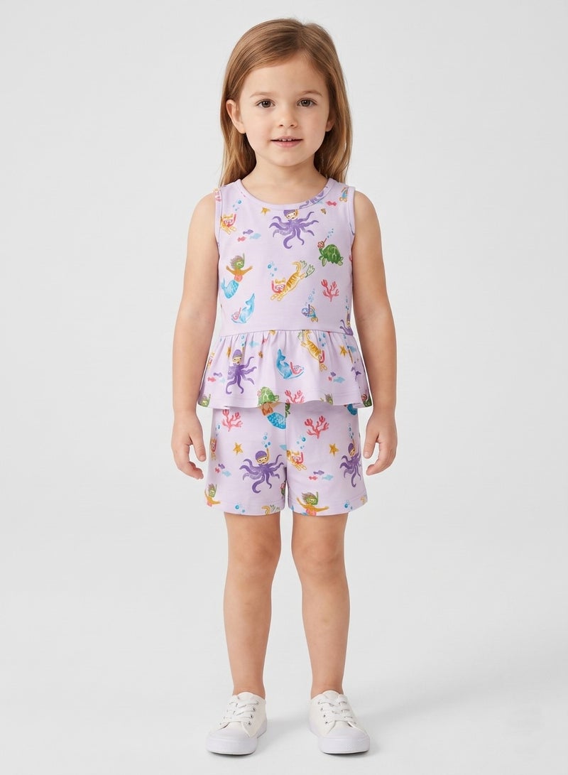 babyqlo Girls Lavender Mermaid Print Shorts Set - Image 1