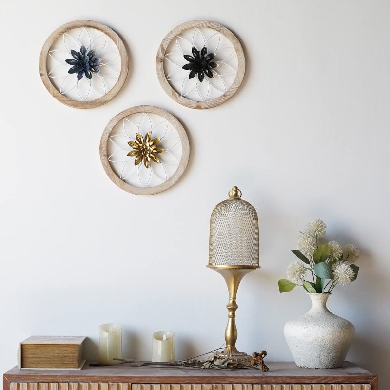 Paquesta 3 Piece Round Farmhouse Wall Decor with 6 Piece Interchangeable Flowers 15.75'' Medallion Wood & Metal Rustic Wall Art for Living Room Bedroom Kitchen Bathroom Dining Room Home Decorations (large white wheel) - Image 5