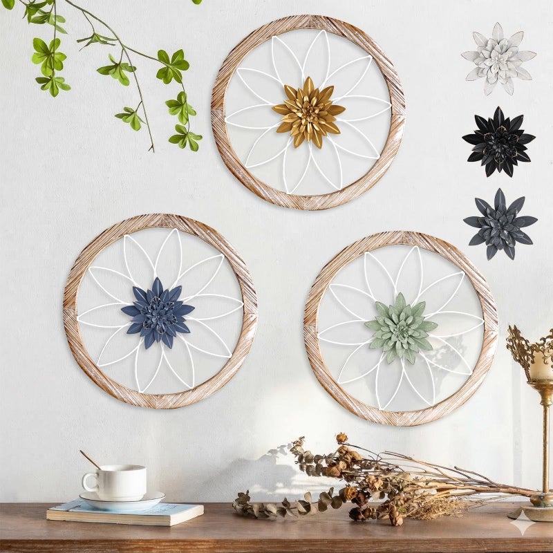 Paquesta 3 Piece Round Farmhouse Wall Decor with 6 Piece Interchangeable Flowers 15.75'' Medallion Wood & Metal Rustic Wall Art for Living Room Bedroom Kitchen Bathroom Dining Room Home Decorations (large white wheel) - Image 1