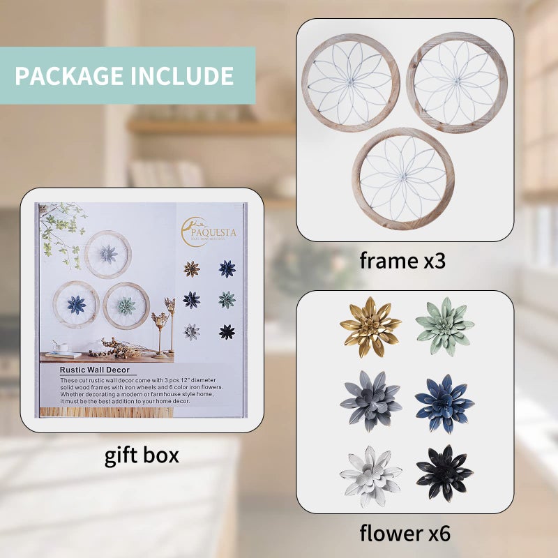 Paquesta 3 Piece Round Farmhouse Wall Decor with 6 Piece Interchangeable Flowers 15.75'' Medallion Wood & Metal Rustic Wall Art for Living Room Bedroom Kitchen Bathroom Dining Room Home Decorations (large white wheel) - Image 3