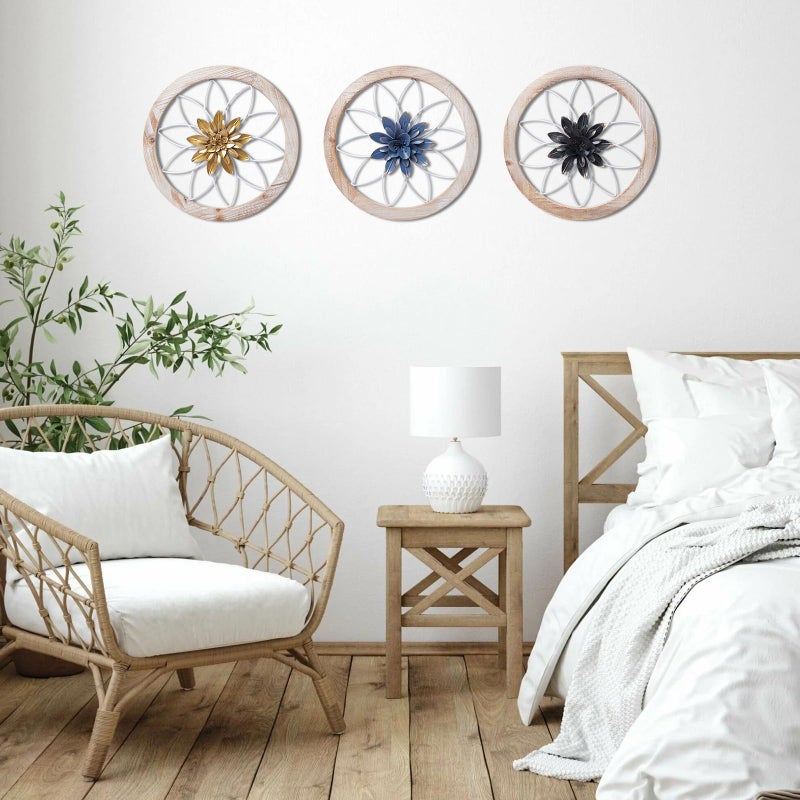 Paquesta 3 Piece Round Farmhouse Wall Decor with 6 Piece Interchangeable Flowers 15.75'' Medallion Wood & Metal Rustic Wall Art for Living Room Bedroom Kitchen Bathroom Dining Room Home Decorations (large white wheel) - Image 4