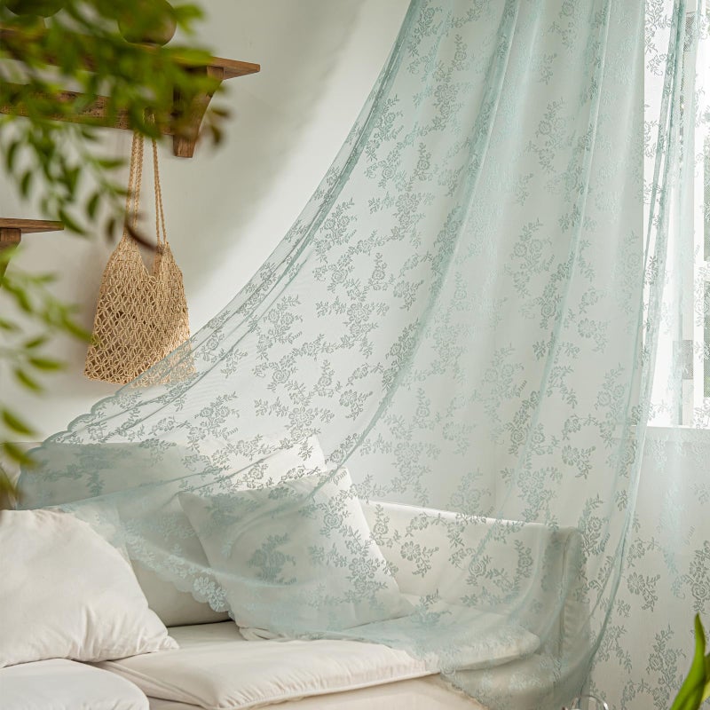 Deeprove الستائر الدانتيل Deeprove Teal 63 بوصة الطول 2 لوحات مجموعة أكوا روز روز الأزهار سكالوب حافة الكشكش الكلاسيكية كلاسيكية معالجة النافذة الستائر للديكور لقطر المطبخ جيب W57 X L63 - Image 2