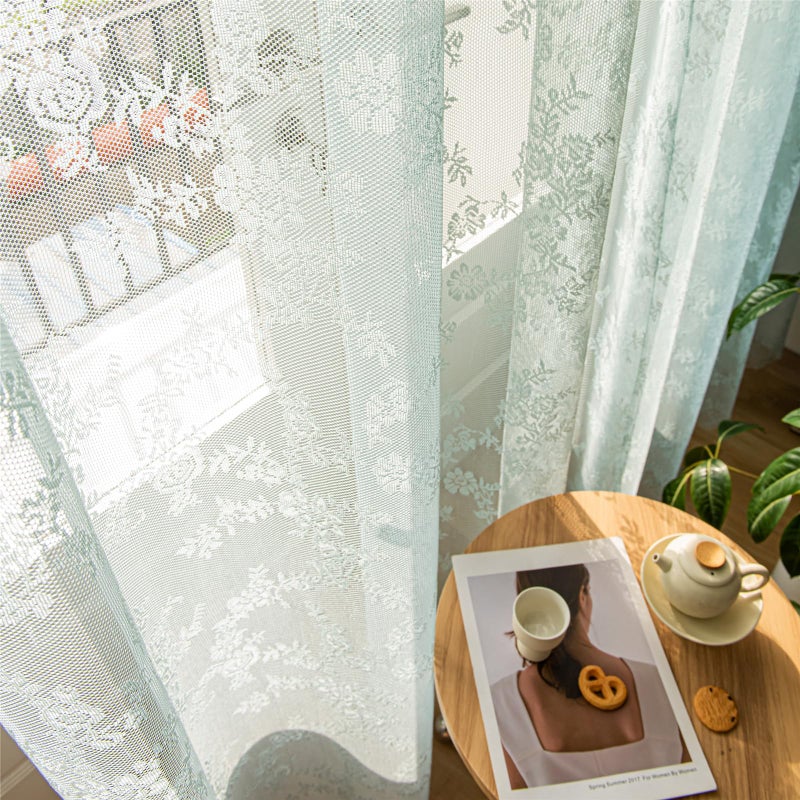 Deeprove الستائر الدانتيل Deeprove Teal 63 بوصة الطول 2 لوحات مجموعة أكوا روز روز الأزهار سكالوب حافة الكشكش الكلاسيكية كلاسيكية معالجة النافذة الستائر للديكور لقطر المطبخ جيب W57 X L63 - Image 5