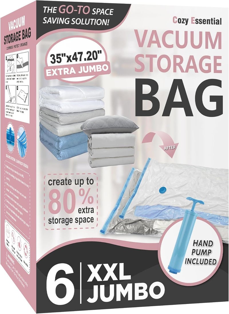 Cozy Essential Vacuum Storage Bags, 80% Compression Vacuum Seal Space Saver Plastic Packaging Bags for Clothes, Blankets, Pillow, Bedding, Comforters, Sealer Clothing Storage,6 XXL Jumbo - Image 1