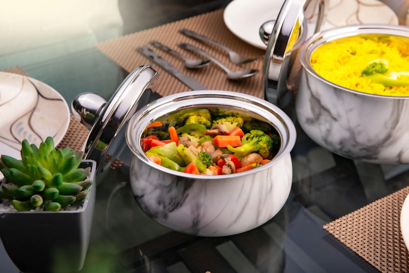 FnS Marbella Stainless Steel Double Walled Insulated Designer Casserole with Lid | Marbel Finsh | Odour Free | BPA Free | Ideal for Curry Rice Chappati | Easy to Carry | Easy to Store (1600ml) - Image 1