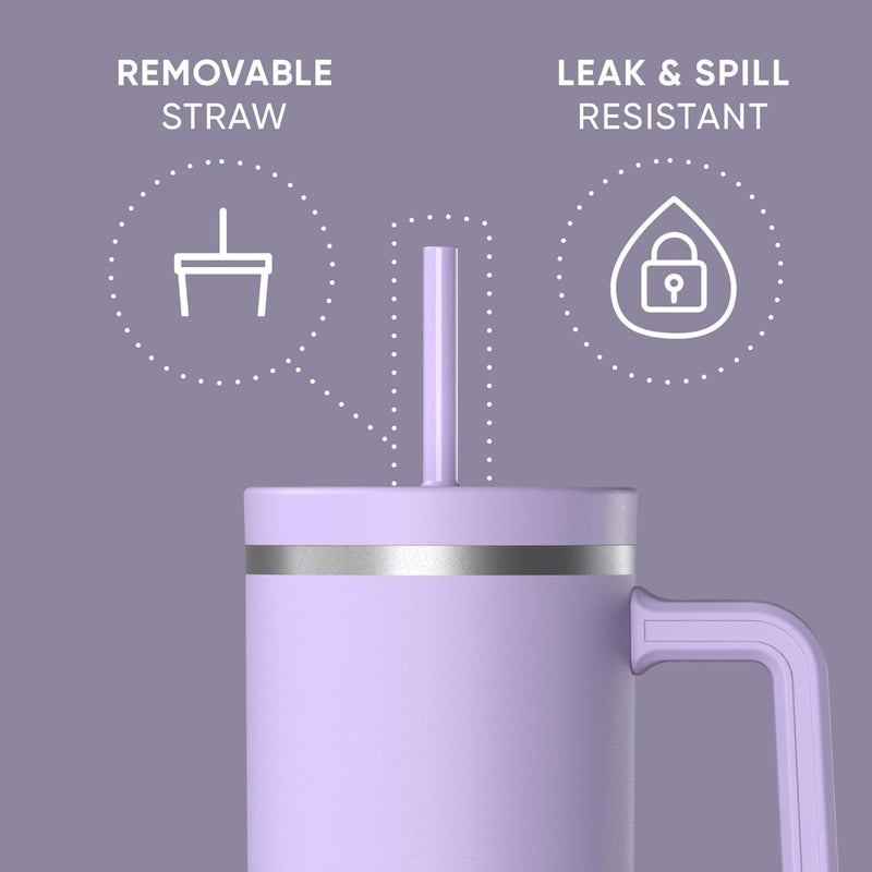 Hydrapeak Voyager 40 Oz Stainless Steel Tumbler with Handle, Insulated Water Bottle With Straw & Lid, Cupholder Friendly Reusable Travel Mug (Lavender) - Image 2