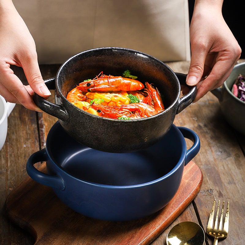 Japanese And Korean Tableware Ceramic Double Ear Bowl Ramen Salad Bowl Snail Powder Soup Bowl With Lid Instant Noodle Bowl - Image 5