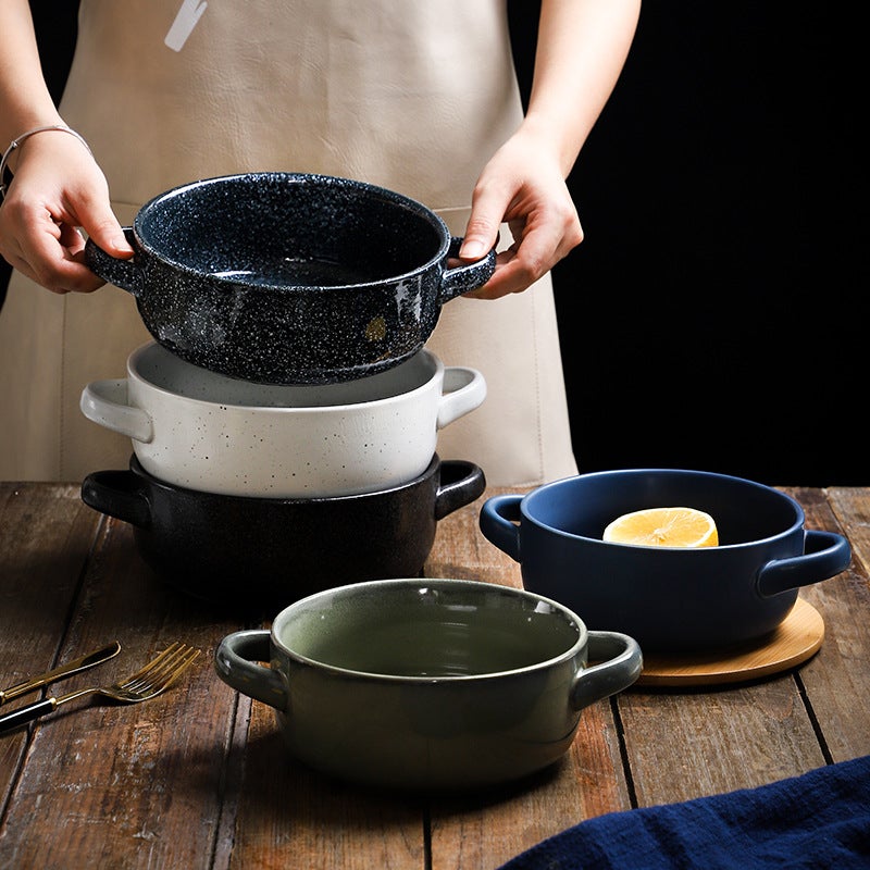 Japanese And Korean Tableware Ceramic Double Ear Bowl Ramen Salad Bowl Snail Powder Soup Bowl With Lid Instant Noodle Bowl - Image 2