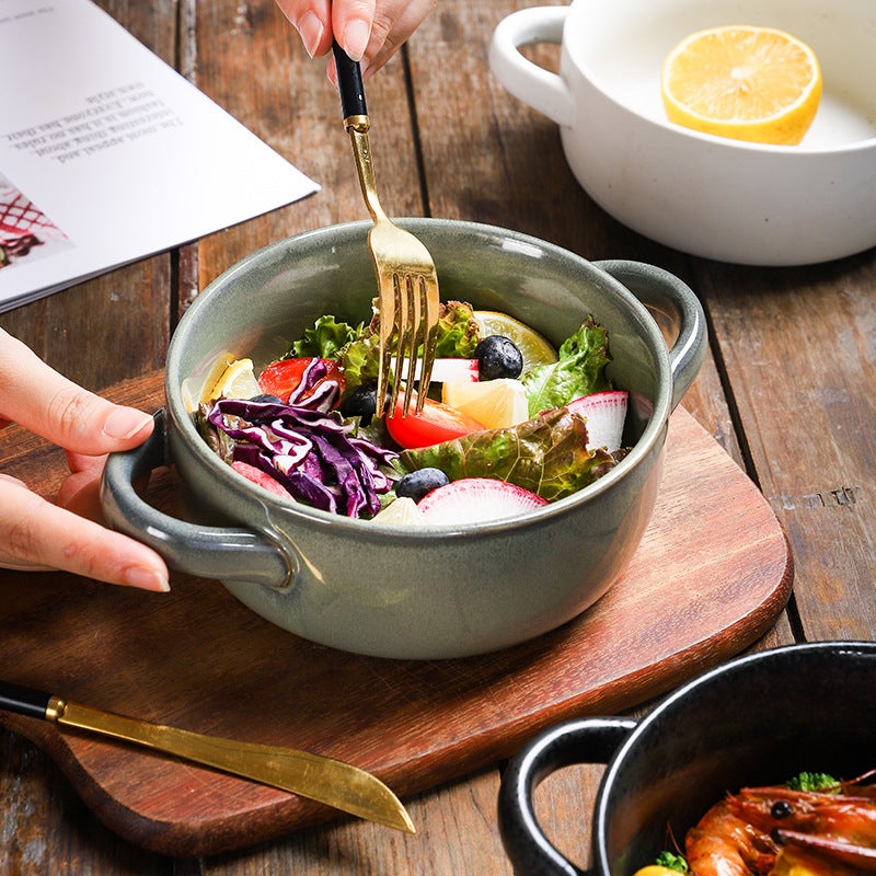 Japanese And Korean Tableware Ceramic Double Ear Bowl Ramen Salad Bowl Snail Powder Soup Bowl With Lid Instant Noodle Bowl - Image 4