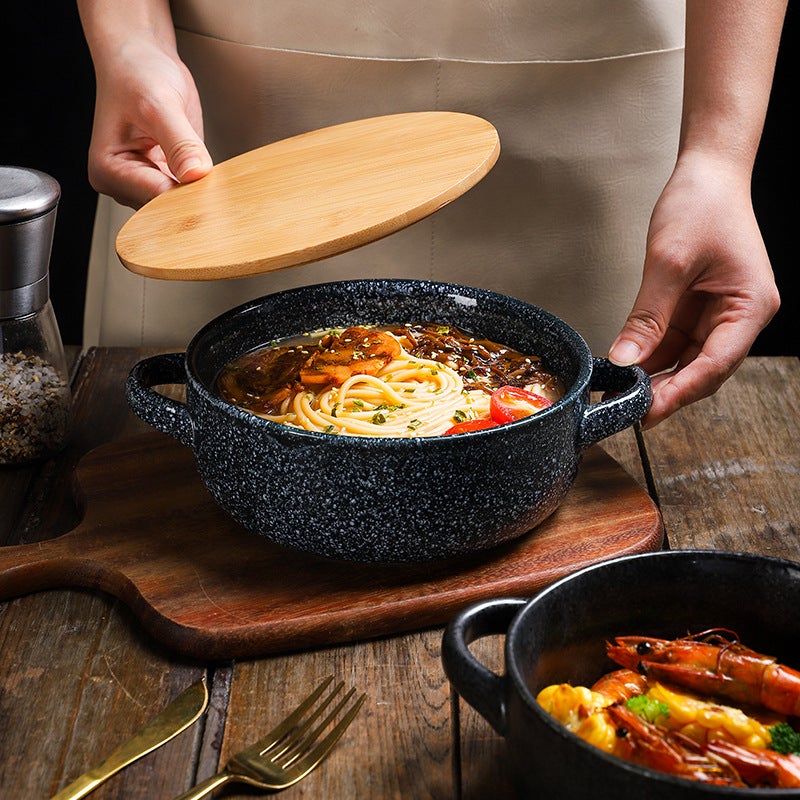 Japanese And Korean Tableware Ceramic Double Ear Bowl Ramen Salad Bowl Snail Powder Soup Bowl With Lid Instant Noodle Bowl - Image 3