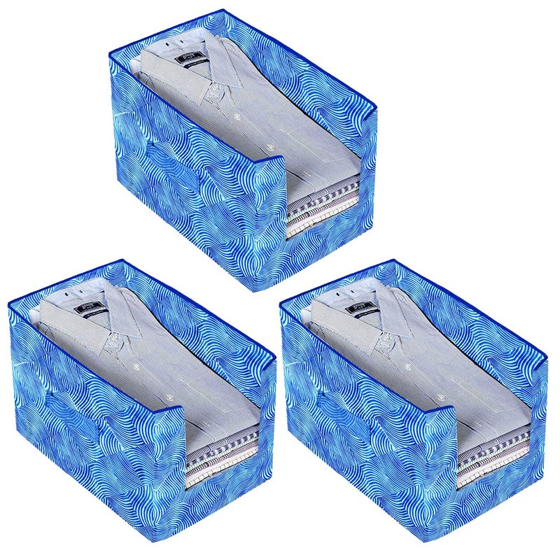 Kuber Industries Laheriya Printed 3 Piece Non Woven Shirt Stacker Wardrobe Organizer Set Blue CTKTC035100 - Image 1