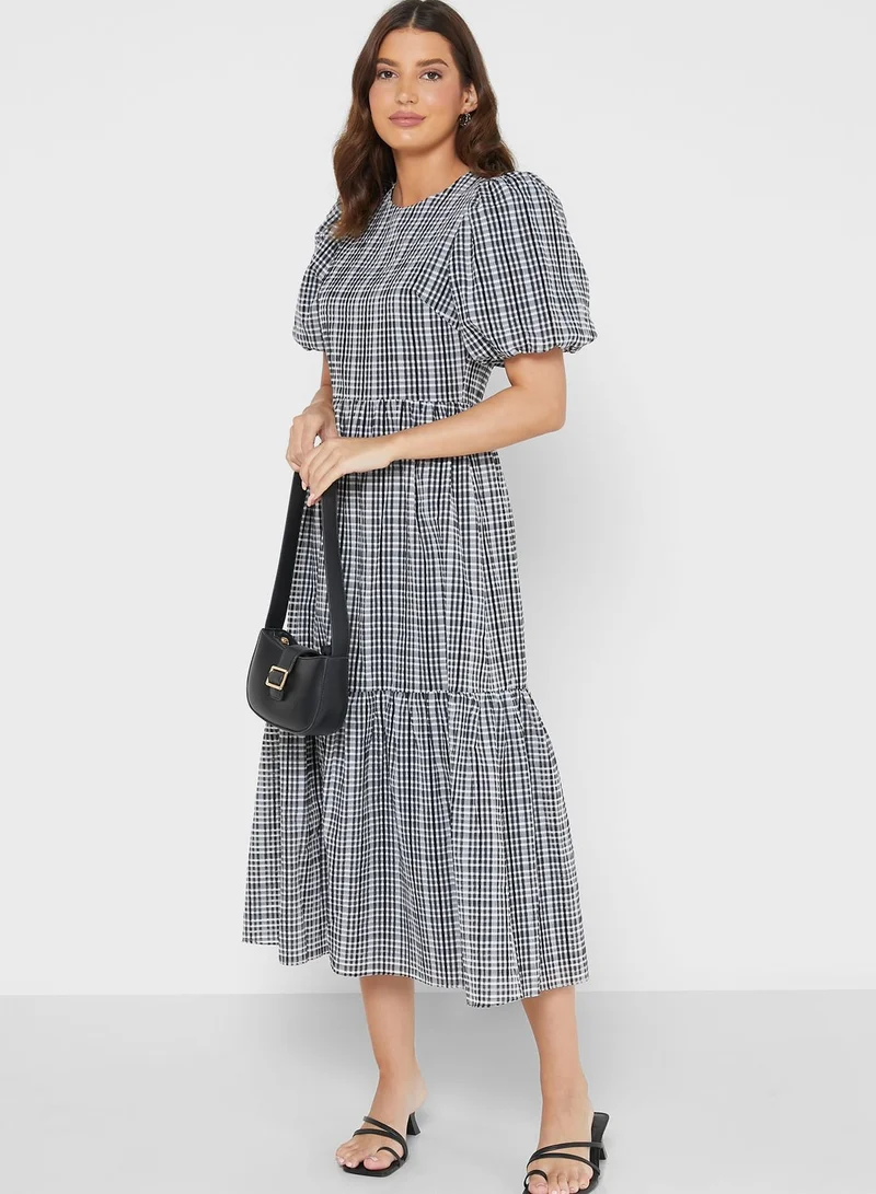 WAREHOUSE Puff Sleeve Knitted Tiered Dress