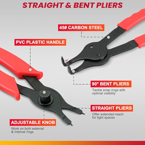 DASBET Snap Ring Plier Set 11PCS Straight & Bent Retaining Ring Pliers w/Hook & Pick Heavy Duty Internal External Pliers .038in - .09in Circlip Combination Retaining Clip for Car Trunk Motorcycle - Image 3