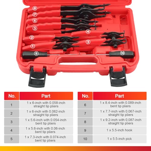 DASBET Snap Ring Plier Set 11PCS Straight & Bent Retaining Ring Pliers w/Hook & Pick Heavy Duty Internal External Pliers .038in - .09in Circlip Combination Retaining Clip for Car Trunk Motorcycle - Image 2