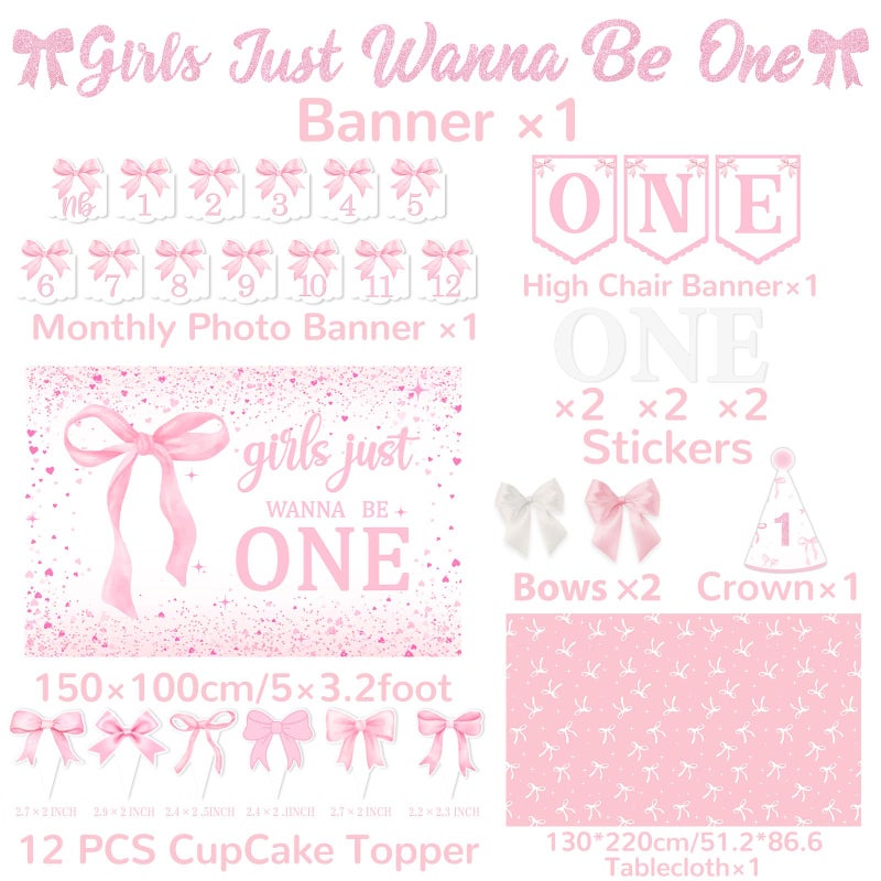 YTGUVBK Pink Bow 1st Birthday Decorations, Girls Just Wanna Be One Birthday Decorations Kit Include Pink White Balloon Arch,Backdrop,Banner,Balloon Boxes,High Chair Banner,Bow Tablecloth,Bow Cupcake Toppers - Image 5