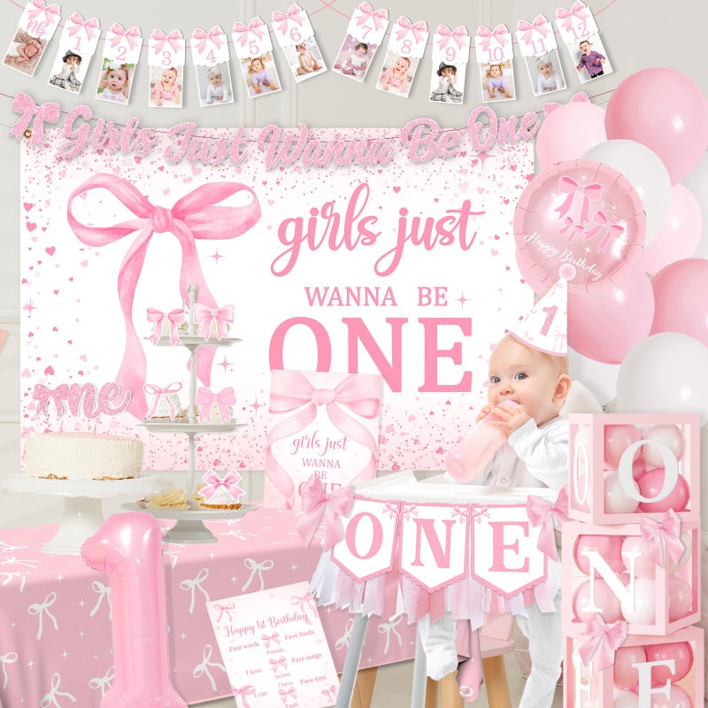 YTGUVBK Pink Bow 1st Birthday Decorations, Girls Just Wanna Be One Birthday Decorations Kit Include Pink White Balloon Arch,Backdrop,Banner,Balloon Boxes,High Chair Banner,Bow Tablecloth,Bow Cupcake Toppers - Image 3