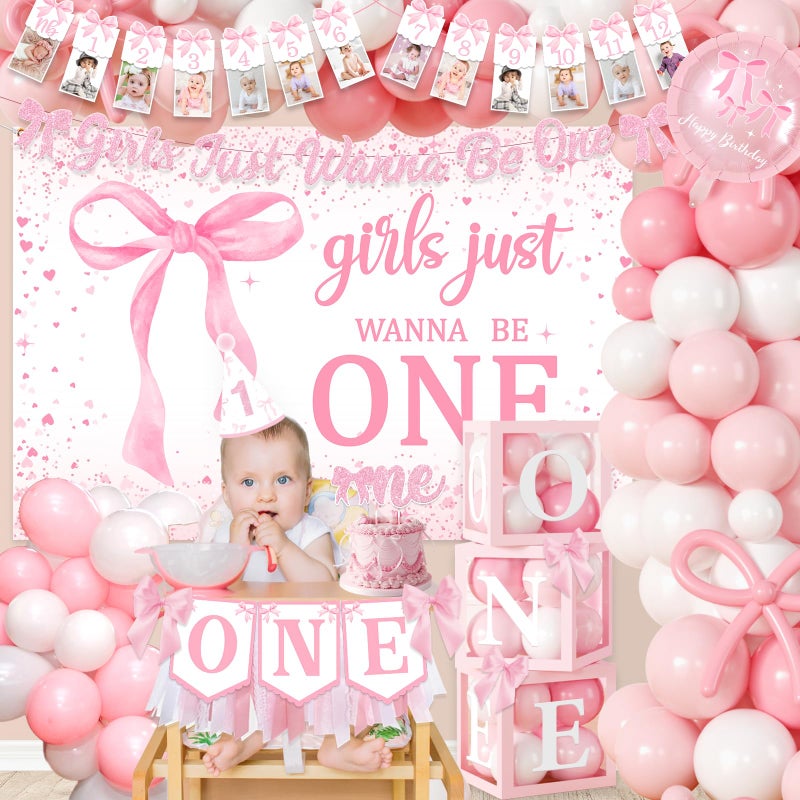 YTGUVBK Pink Bow 1st Birthday Decorations, Girls Just Wanna Be One Birthday Decorations Kit Include Pink White Balloon Arch,Backdrop,Banner,Balloon Boxes,High Chair Banner,Bow Tablecloth,Bow Cupcake Toppers - Image 2