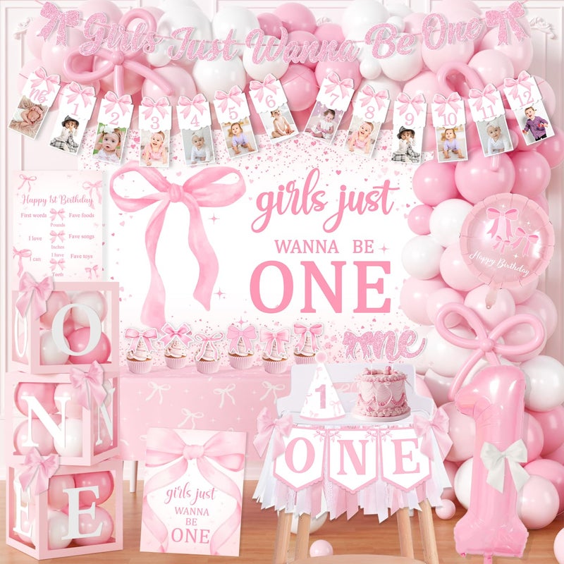 YTGUVBK Pink Bow 1st Birthday Decorations, Girls Just Wanna Be One Birthday Decorations Kit Include Pink White Balloon Arch,Backdrop,Banner,Balloon Boxes,High Chair Banner,Bow Tablecloth,Bow Cupcake Toppers - Image 1