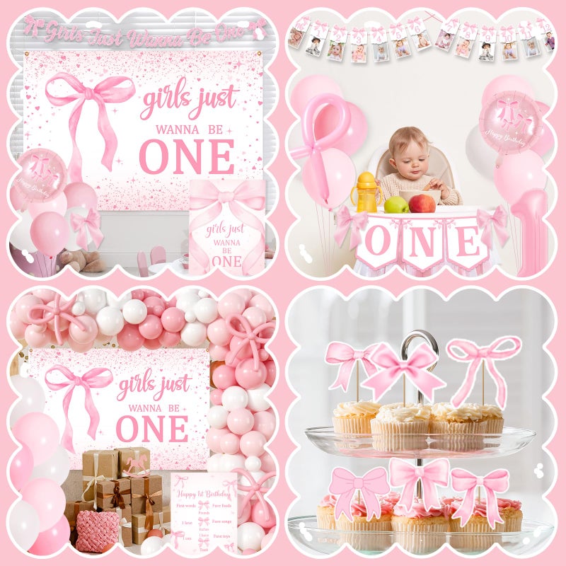 YTGUVBK Pink Bow 1st Birthday Decorations, Girls Just Wanna Be One Birthday Decorations Kit Include Pink White Balloon Arch,Backdrop,Banner,Balloon Boxes,High Chair Banner,Bow Tablecloth,Bow Cupcake Toppers - Image 4