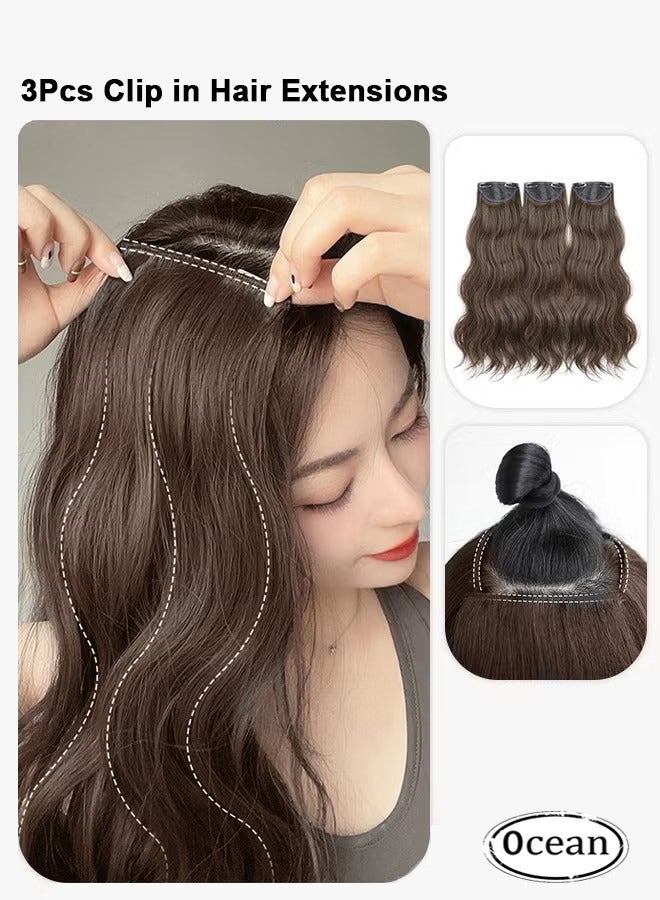 JS 3Pcs Clip in Hair Extensions, Water Ripple Fluffy Hair Pads, Invisible Adjustable Long Wavy Synthetic Heat Resistant Hairpieces for Women Girls, Light Brown, 35cm - Image 1