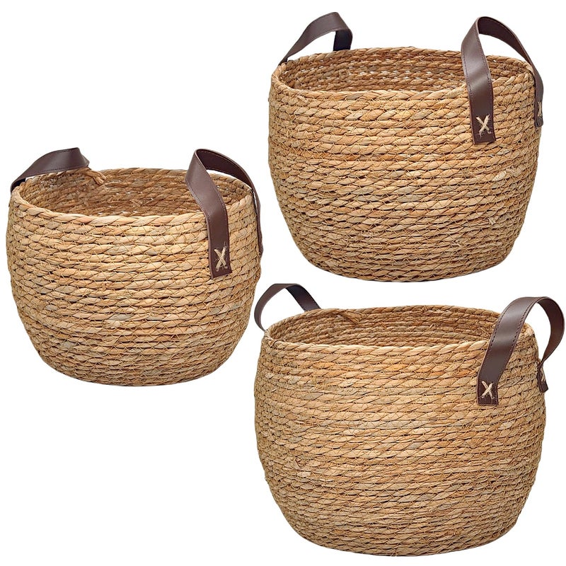 GIB cleaningtool GIB Round Wicker Woven Seagrass Storage Baskets with Leather Handles Set of 3, Natural Decorative Braided Rope Wicker Baskets Bins for Shelves Blankets Organizing, 13", 12" & 11" - Image 1
