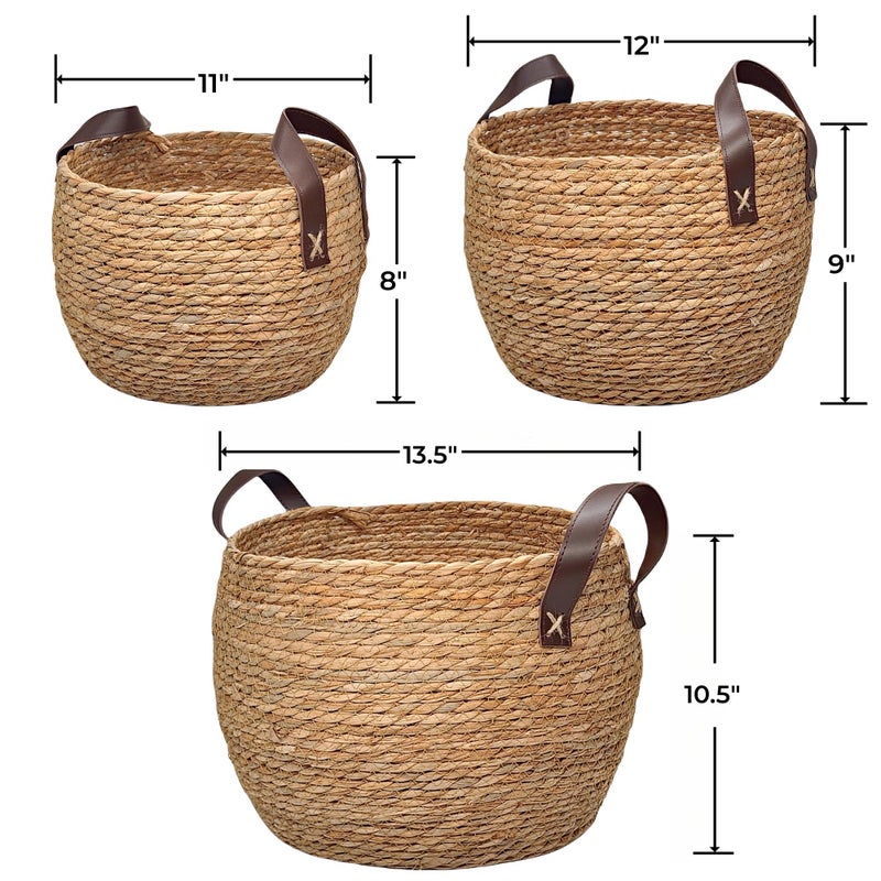GIB cleaningtool GIB Round Wicker Woven Seagrass Storage Baskets with Leather Handles Set of 3, Natural Decorative Braided Rope Wicker Baskets Bins for Shelves Blankets Organizing, 13", 12" & 11" - Image 2
