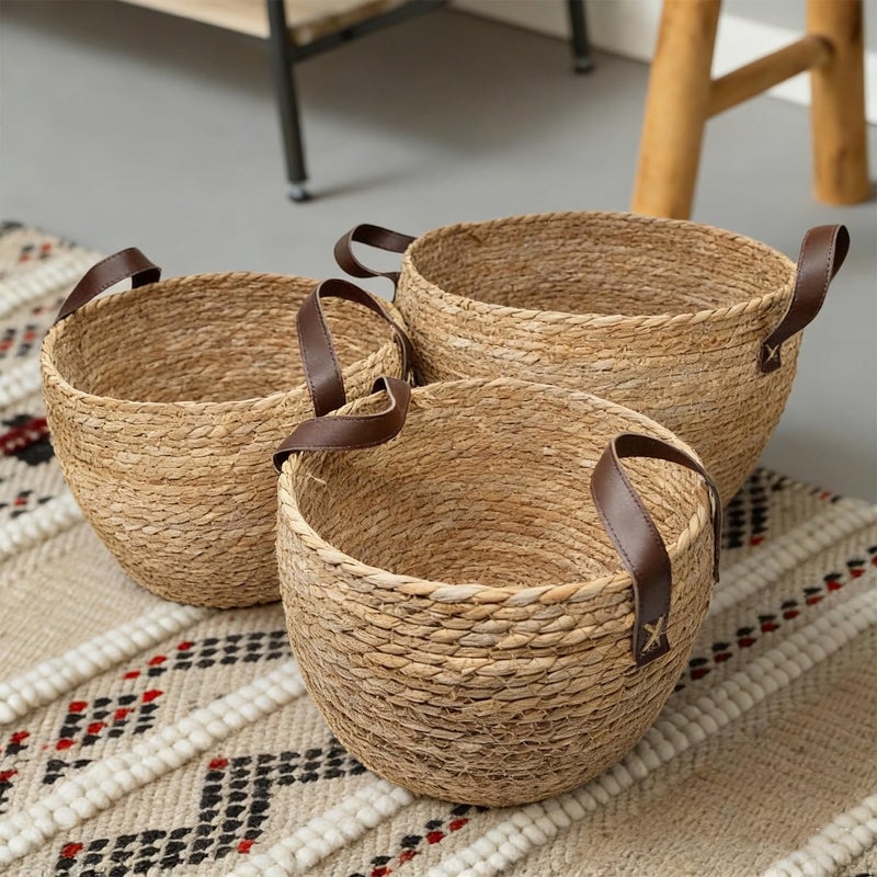 GIB cleaningtool GIB Round Wicker Woven Seagrass Storage Baskets with Leather Handles Set of 3, Natural Decorative Braided Rope Wicker Baskets Bins for Shelves Blankets Organizing, 13", 12" & 11" - Image 5