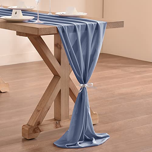 Socomi Dusty Blue Chiffon Table Runner Easter Spring Boho Rustic 14ft 29x170 Inches Wedding Runner Sheer Romantic Bridal Shower Decorations
