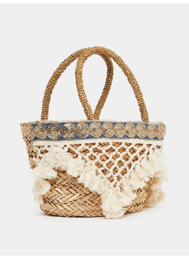 Styli Styli Tassel Trim Raffia Beach Handbag
