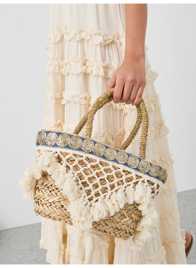 Styli Styli Tassel Trim Raffia Beach Handbag