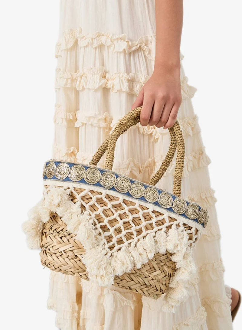 Styli Styli Tassel Trim Raffia Beach Handbag