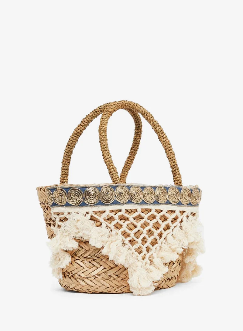 Styli Styli Tassel Trim Raffia Beach Handbag