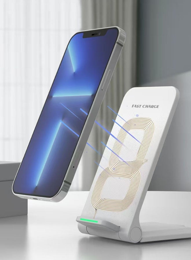 New 15W Wireless Charger with Dual Coils for Vertical and Horizontal Charging, Portable and Foldable, for Android and Apple Wireless Charging Devices (White) - Image 2