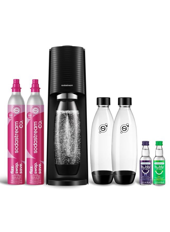 SodaStream - Terra صانع المياه الفوارة | حزمة القيمة | نظام CQC CO2 | يشمل 2 أسطوانات CO2، 3 زجاجات 32 أوقية آمنة للغسل في غسالة الصحون، 2 قطرات نكهة Bubly | يمكن الجمع مع نكهات Pepsi | أسود - Image 1