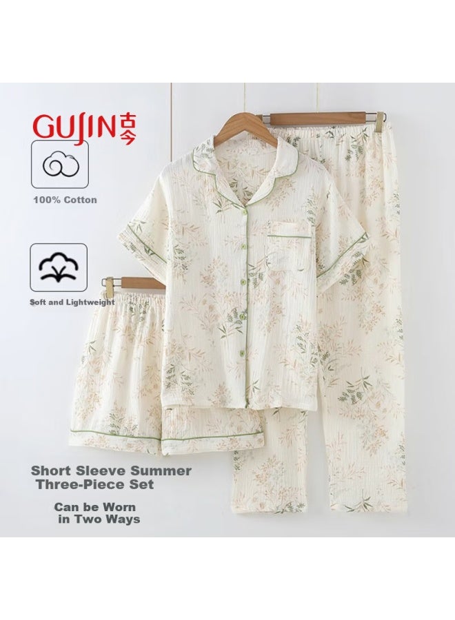 Gujin Summer New Women's Cotton Cotton Yarn Thin Double-layer Gauze Short-sleeved Long Pants Three-piece Set Outer Wear Home Service