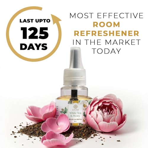 EKAM Plug-In Air Freshener Kit (Machine + 45ml Refill) | White Tea & Peony Scent | Long-Lasting Aroma for 125 Days / 500 Hours | Ideal for Rooms & Bathrooms - Image 2