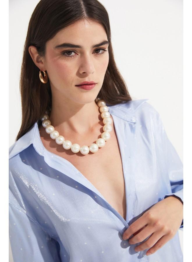 جون قميص نسائي بنقشة منقطة من فيسكوز أزرق وأبيض - Image 1