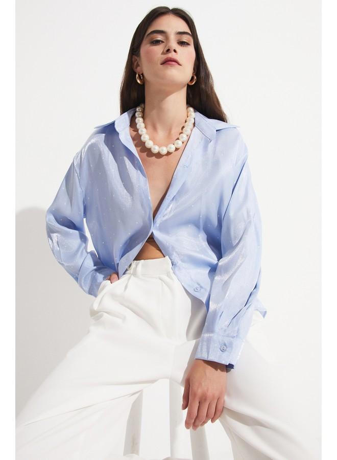 جون قميص نسائي بنقشة منقطة من فيسكوز أزرق وأبيض - Image 2