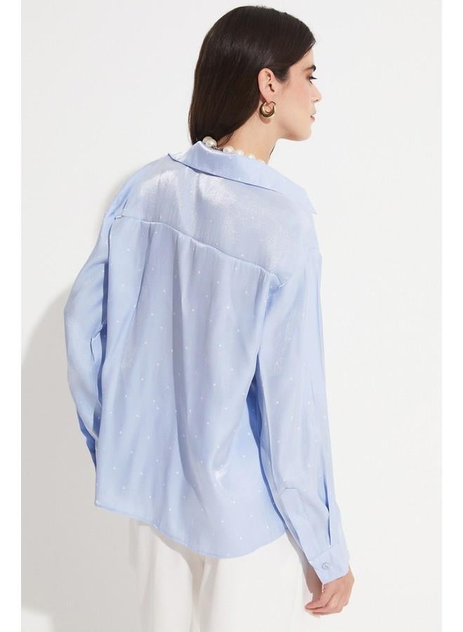 جون قميص نسائي بنقشة منقطة من فيسكوز أزرق وأبيض - Image 3