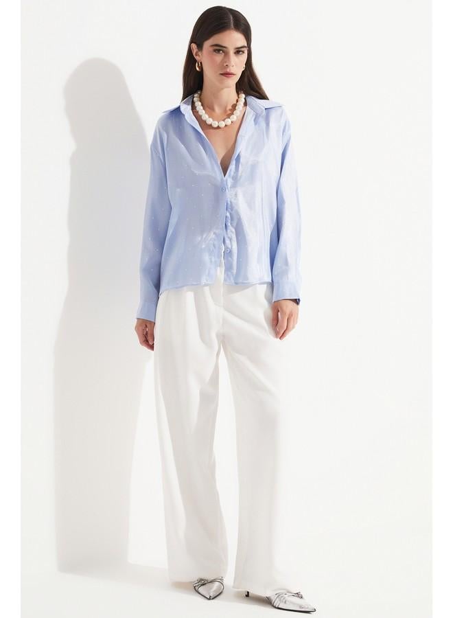 جون قميص نسائي بنقشة منقطة من فيسكوز أزرق وأبيض - Image 5