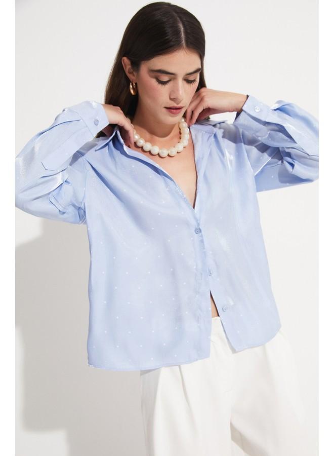 جون قميص نسائي بنقشة منقطة من فيسكوز أزرق وأبيض - Image 4