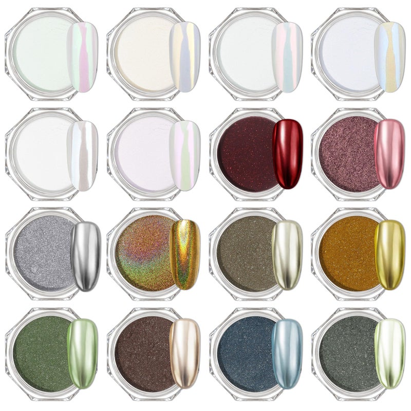 Artdone 16Jars Chrome Nail Powder Magic White Pearl Kit Colored Mirror Effect Silver Gold Metallic Stuff Holographic Dip Nail Pigment Powder For Resin Craft & Nail Art Accessories Decoration Supplies - Image 1