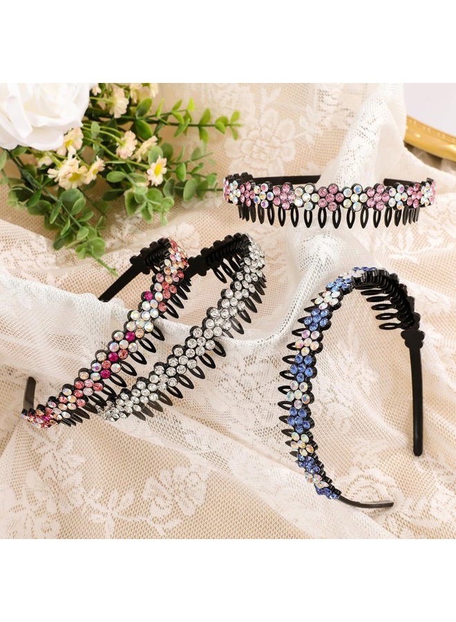 Cutewing Rhinestone Headband with Teeth Comb Flower Glitter Headband for Women Girls Sparkly Crystal Plastic Hairband Non Slip Hair Hoop Hair Accessories for Ladies Girls with 4PCS - Image 5