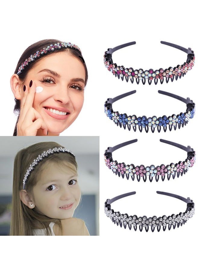 Cutewing Rhinestone Headband with Teeth Comb Flower Glitter Headband for Women Girls Sparkly Crystal Plastic Hairband Non Slip Hair Hoop Hair Accessories for Ladies Girls with 4PCS - Image 4